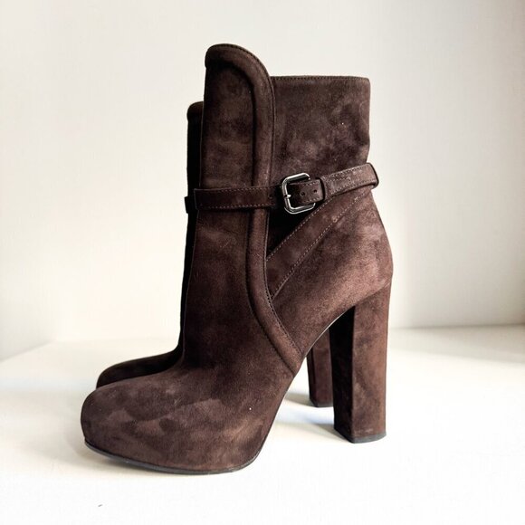 PRADA Shoes - Prada Chocolate Brown Suede Classic Stacked Heel Booties 39.5
